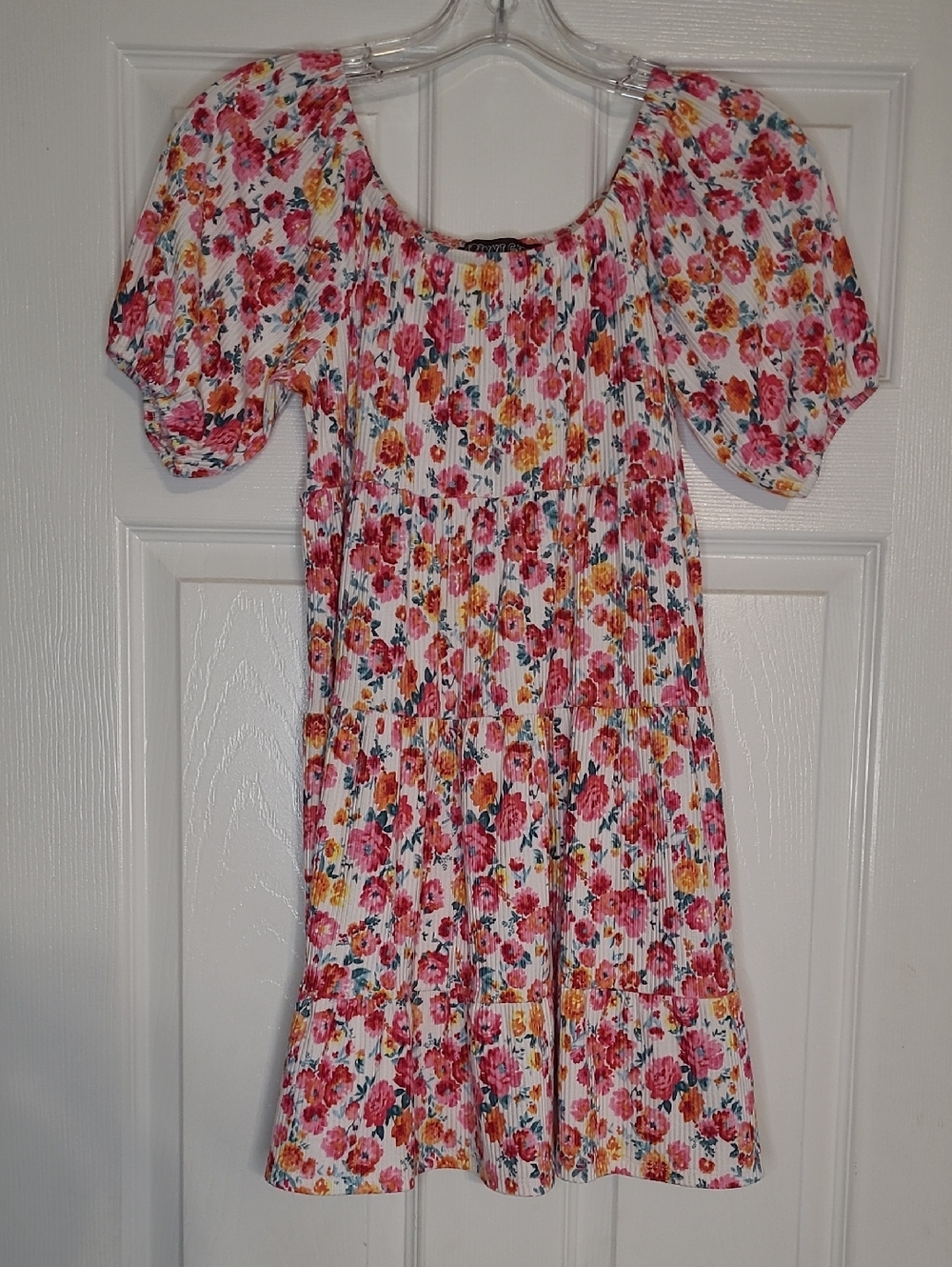 Girls Floral Puff-Sleeve Casual Dress - Pink Multi